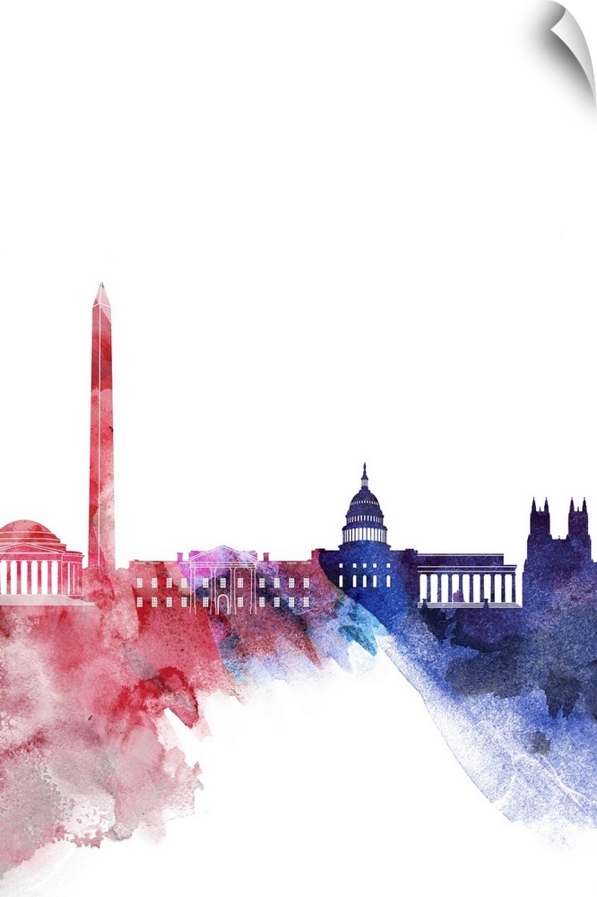 Contemporary watercolor skyline of Washington DC in red white and blue.