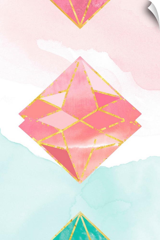 Watercolor image of green and pink gemstones with golden edges.