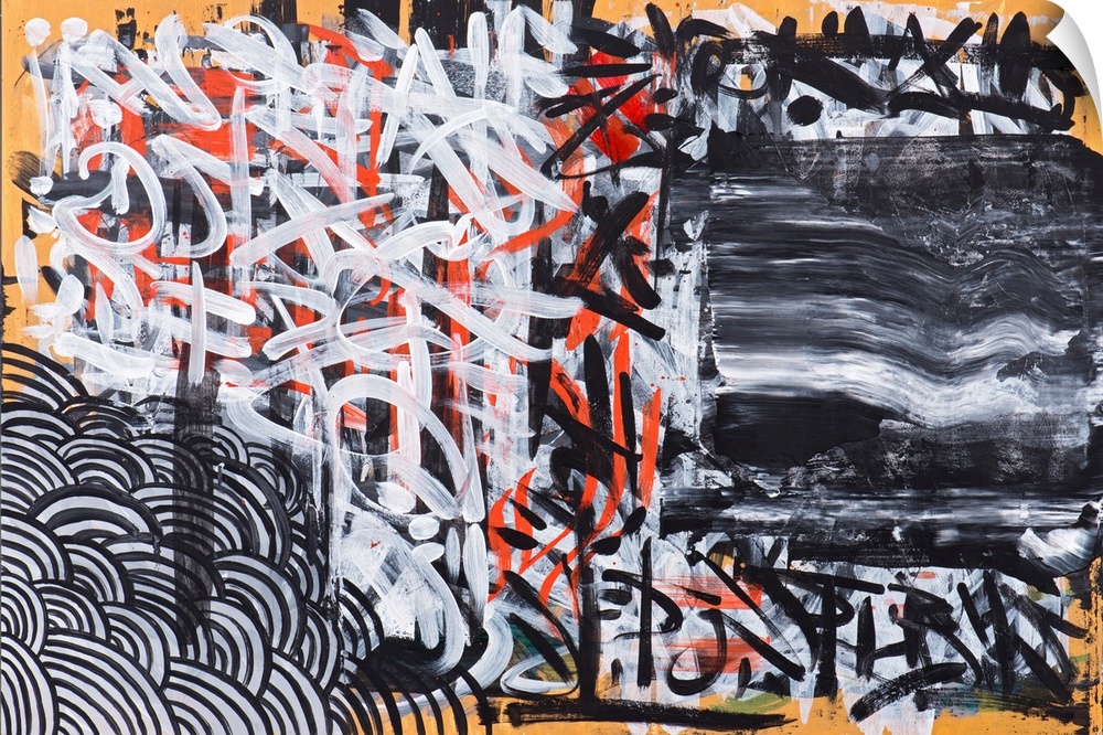 Urban abstract painting in orange, white, and black.
