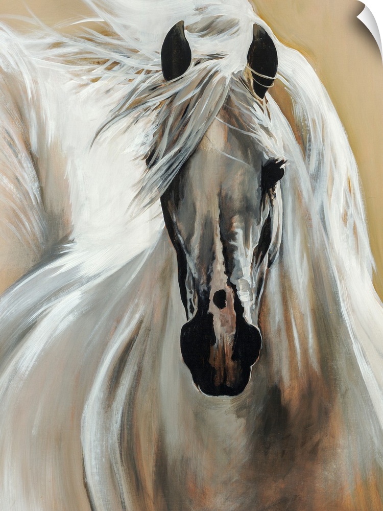 Contemporary painting of a horse galloping with its bright mane and tail flowing behind it.