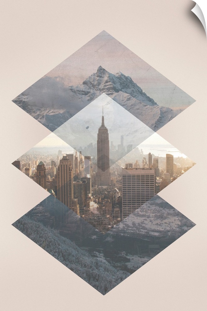 Contemporary collage style artwork of stitched images of New York city and mountain ranges.
