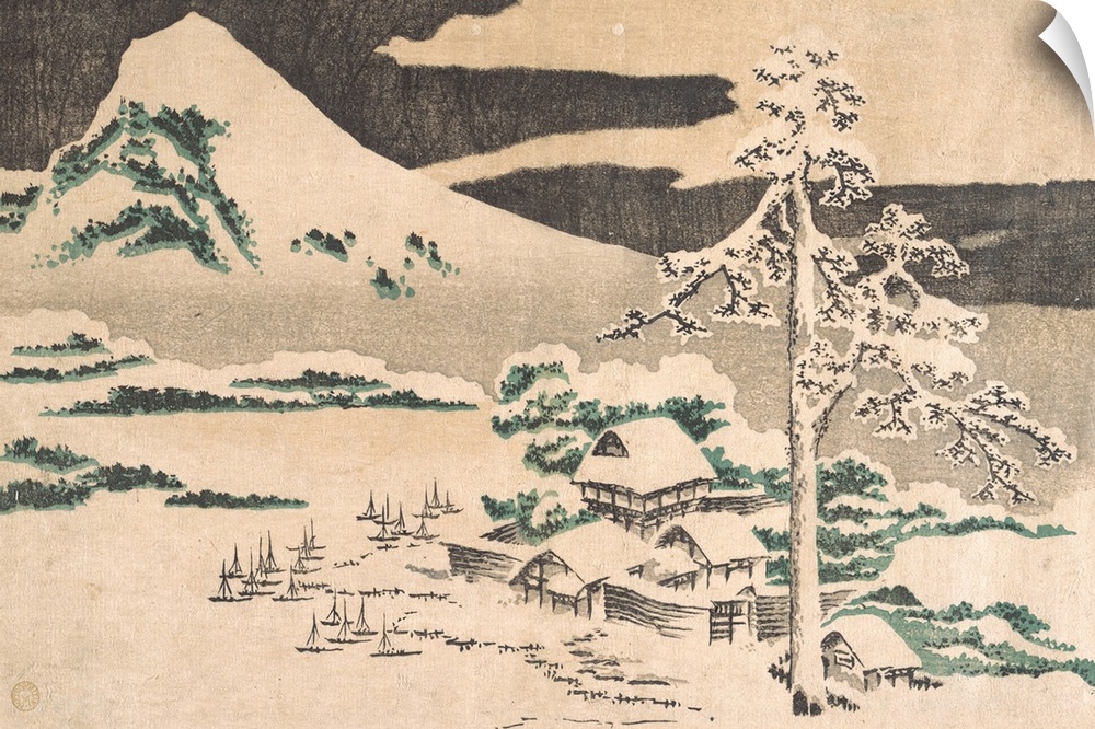 Woodblock print of a snow-covered tree and house under a mountain in the winter.