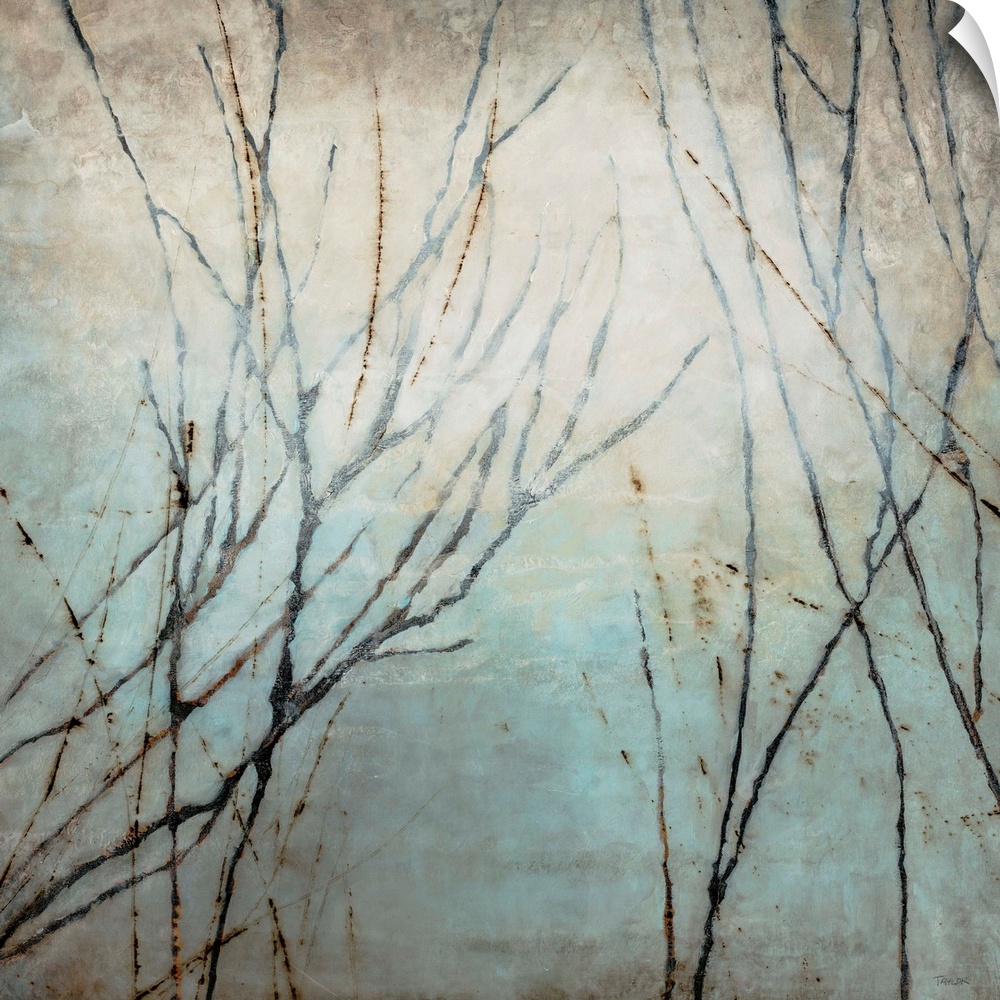 Painting of tree limbs on top of a grungy backdrop on a square canvas.