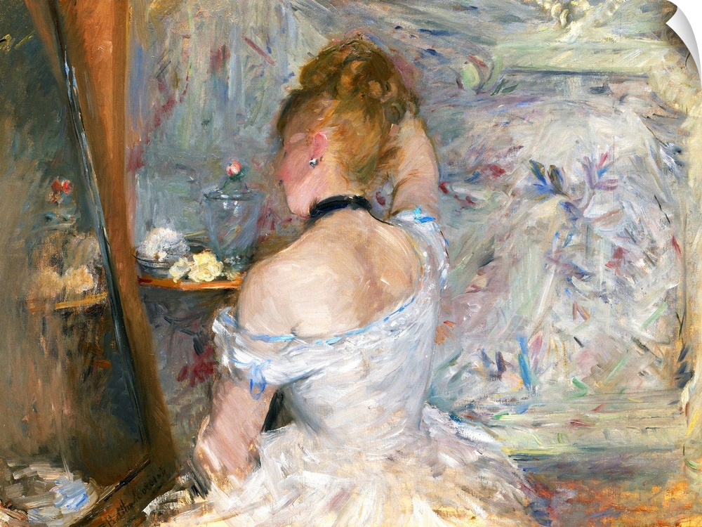 Consistent with the Impressionist aesthetic that Berthe Morisot fervently espoused, Woman at Her Toilette attempts to capt...