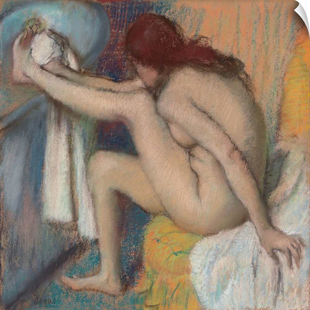 In this pastel and another of 1885-86 (Musee d'Orsay, Paris) Degas explored the expressive potential of a bather doubled-u...