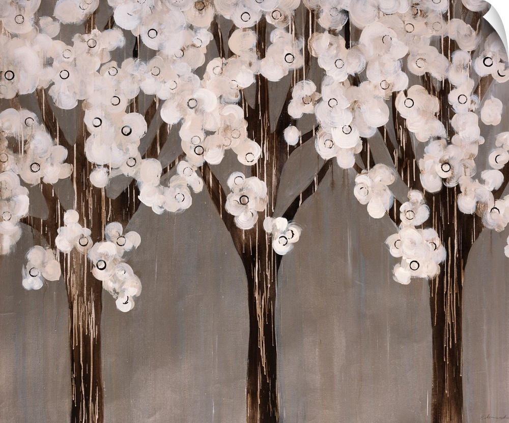 Contemporary abstract painting of trees with white circular flowers.