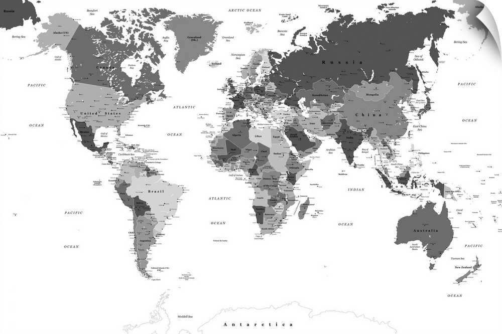 Large black and white map of the World with a classic font.