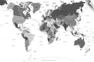 World Map - Black and White, Classic Text