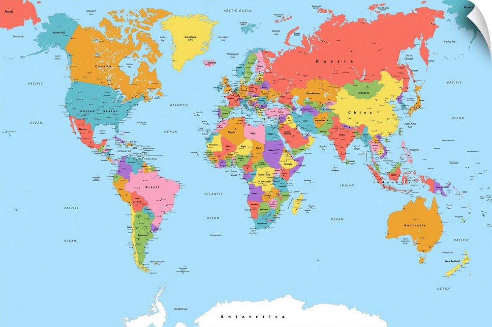 Large color map of the World with a modern font.