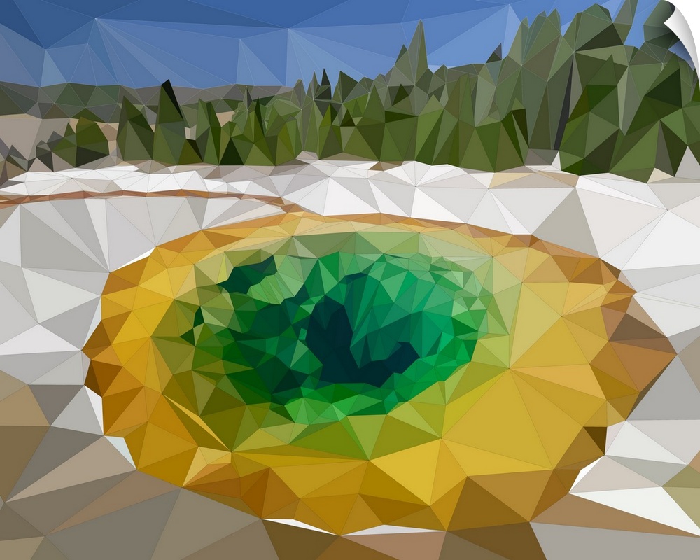 A prismatic volcanic spring in Yellowstone National Park, Wyoming, rendered in a low-polygon style.