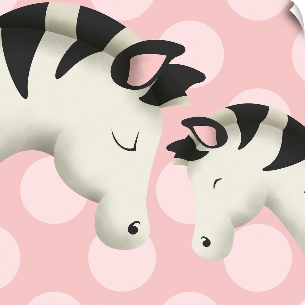 Nursery art of a mother zebra and her baby on a pink polka-dot background.