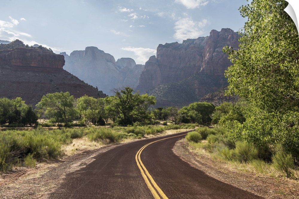 View of Zion National Parks large red canyons from a winding road.