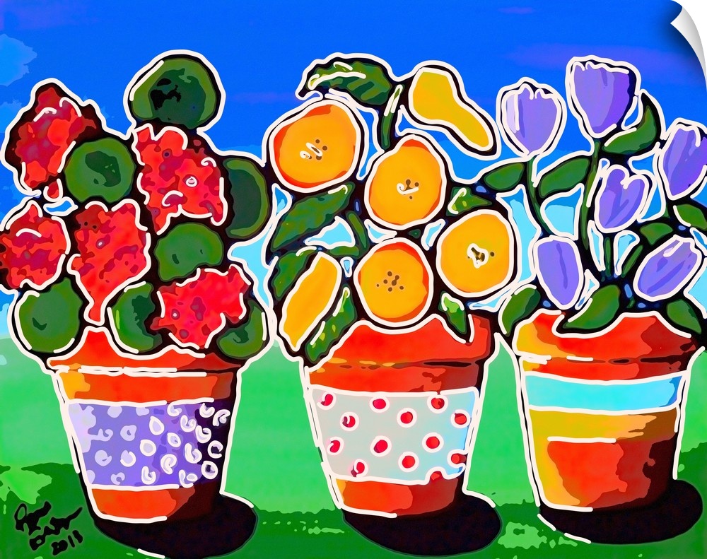 Stylized version of folk art painting of 3 colorful, whimsical pots of flowers.