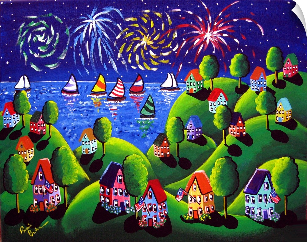 Whimsical 4th of July scene with colorful fireworks.