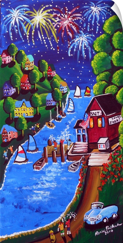 Panel painting of a 4th of July scene along a river filled with boats and surrounded by houses with fireworks in the sky.