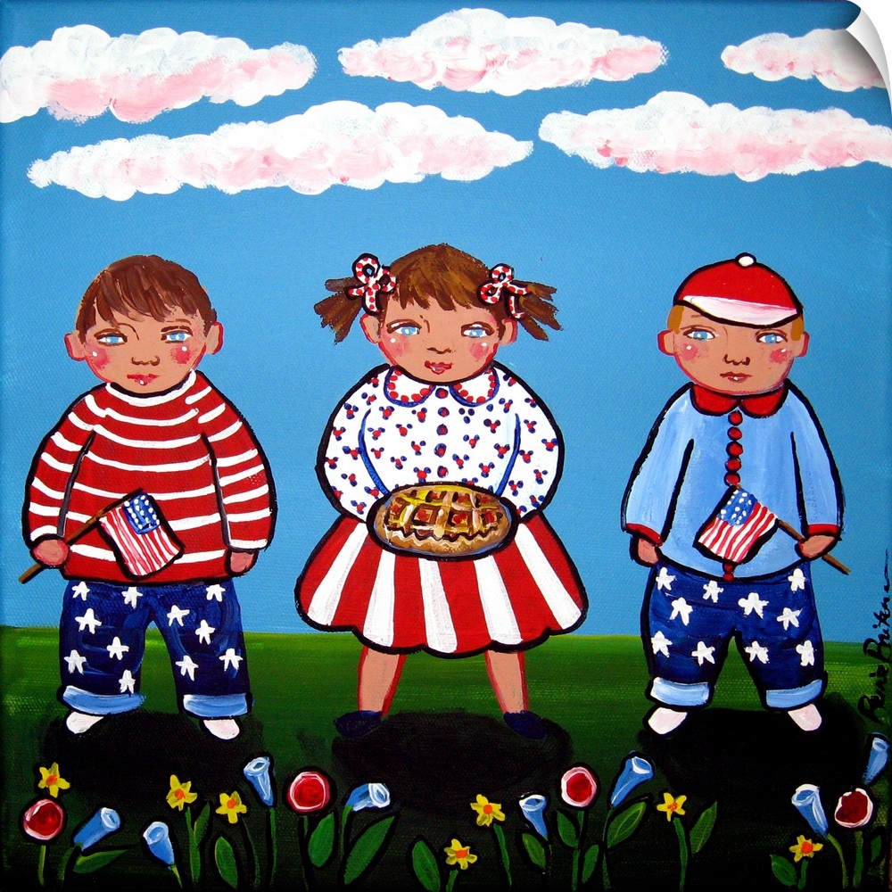 Three children dressed in Patriotic Red, white and blue. Two are holding flags and the little girl is holding an apple pie.