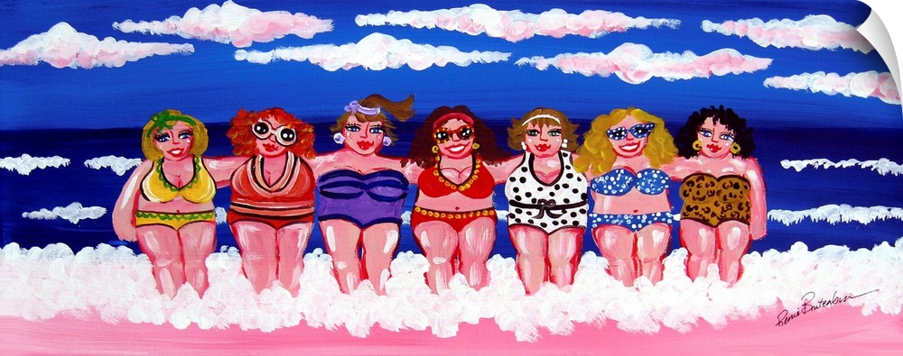 A group of women are enjoying themselves in the surf and sand, under blue skies, at the beach.