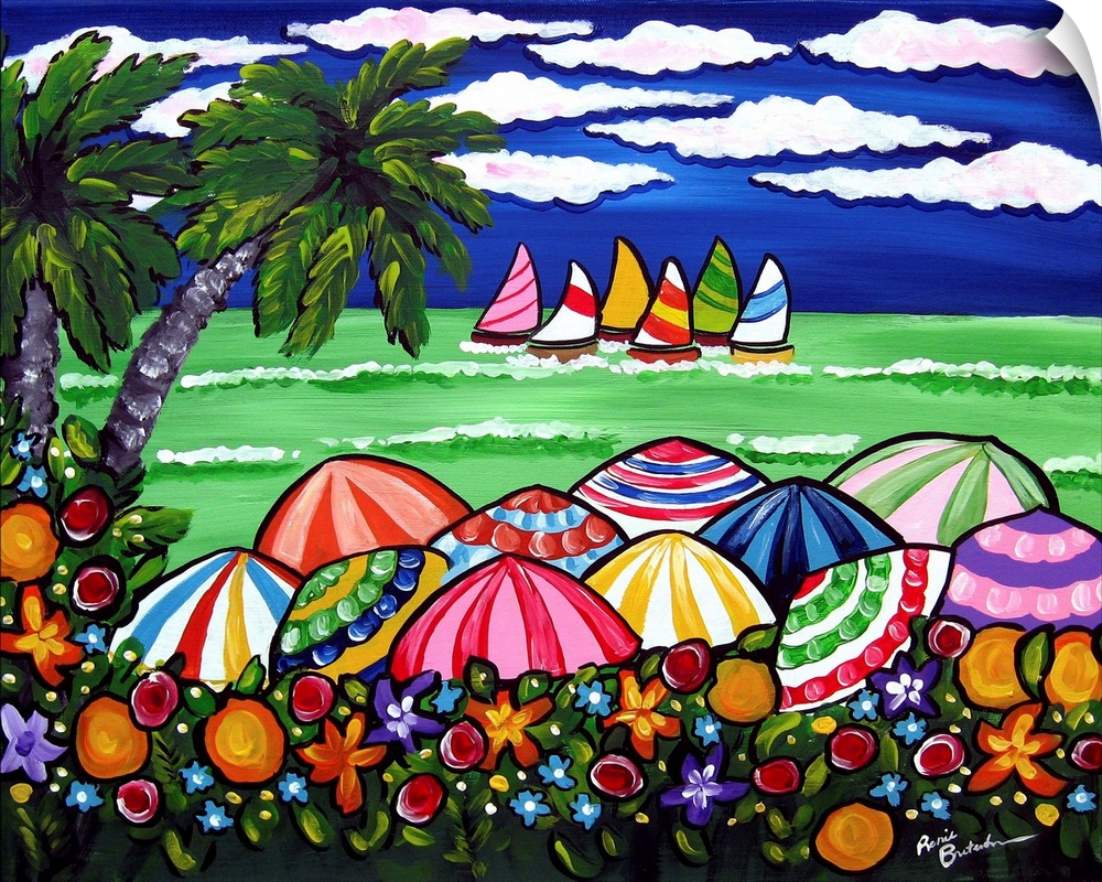 Wildflowers, palm trees, colorful beach umbrellas, and sailboats in the ocean on a beautiful day with vibrant colors.