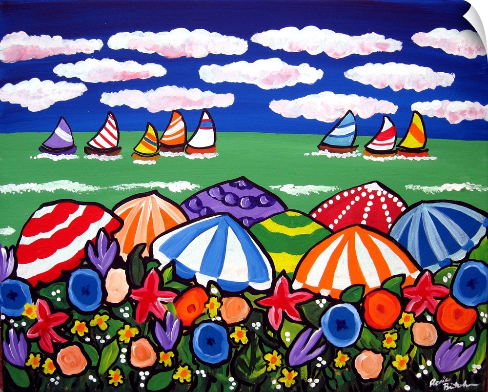Colorful Beach scene with umbrellas and sailboats.