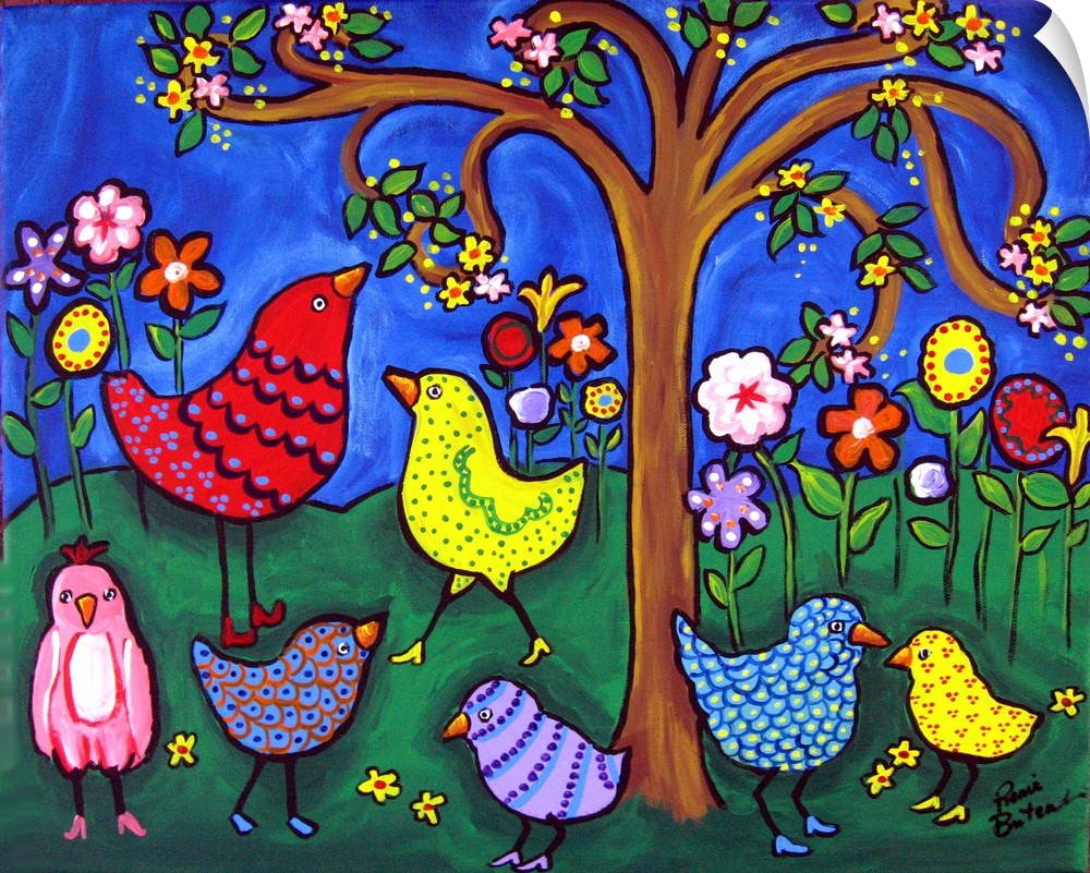 Colorful, whimsical scene with funky birds and blooms, under a deep blue sky.