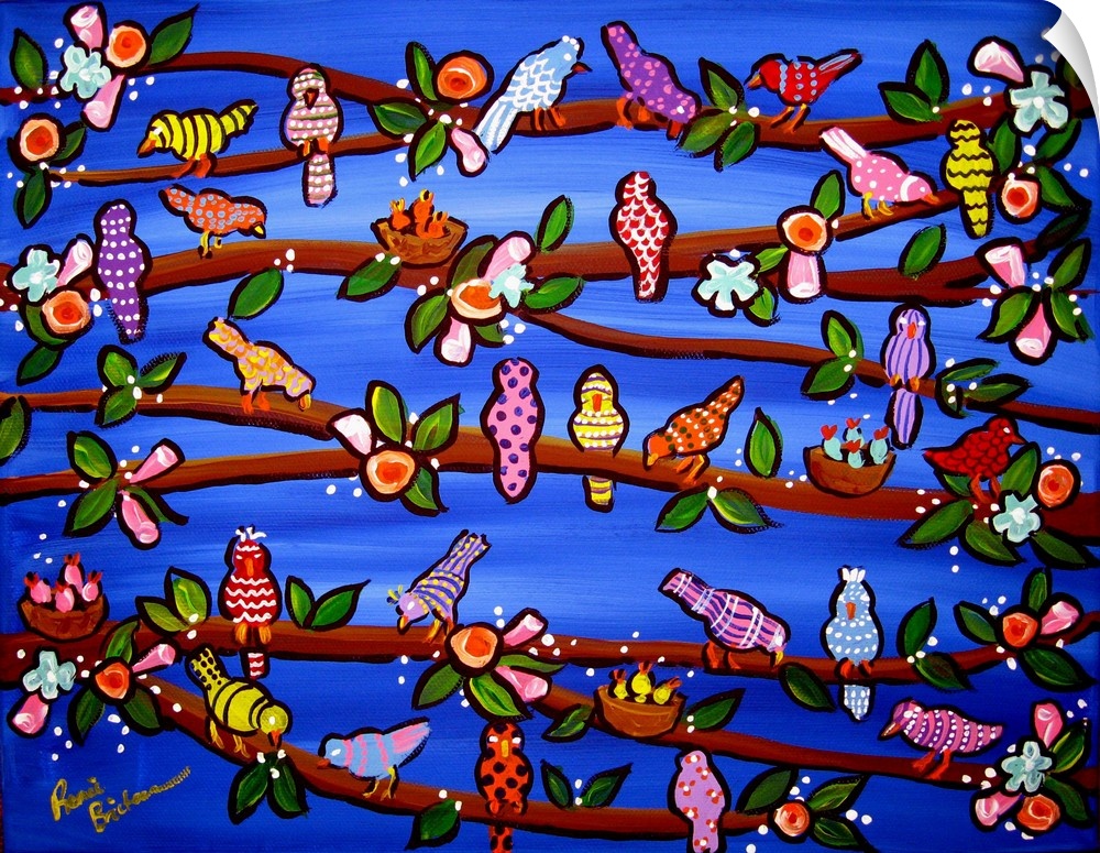 Whimsical painting of colorfully designed birds perched on tree branches with a bright blue background.