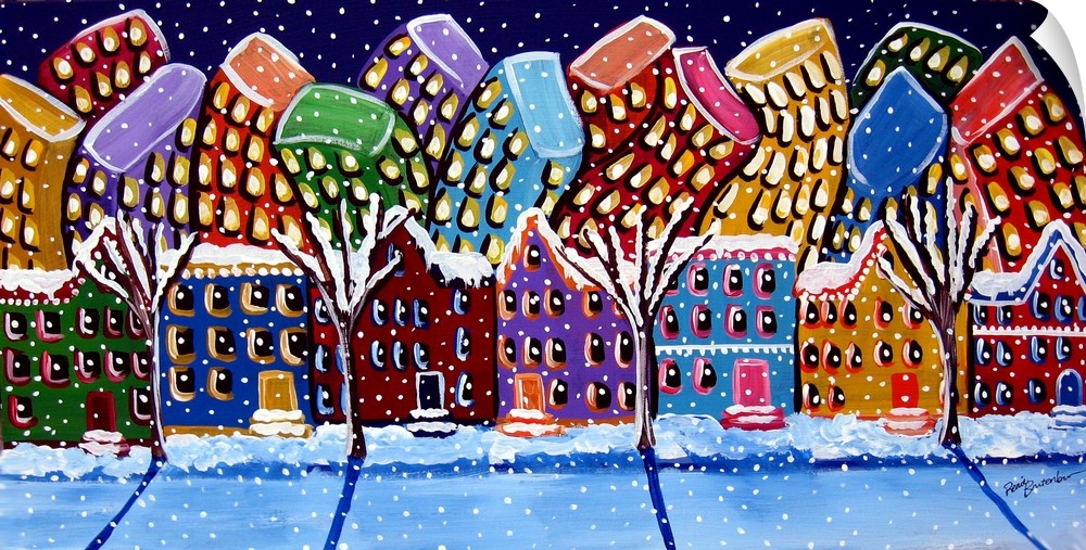 Cozy cityscape with neighborhood buildings in front of colorful, whimsical skyscrapers.