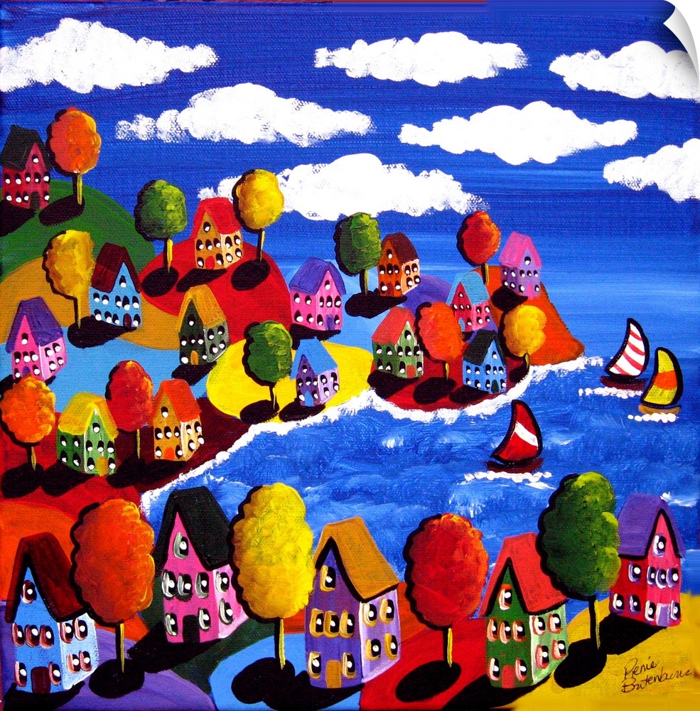 Colorful trees, houses and hills line the shoreline where some sailboats drift by, under a blue sky and clouds.