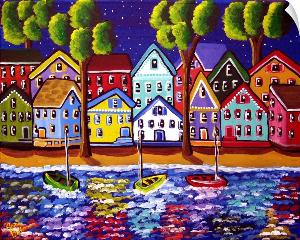 Colorful shoreline with houses reflected in the water.