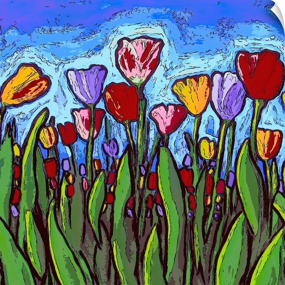 Contemporary square painting of colorful tulips in a field with bright blue skies above.