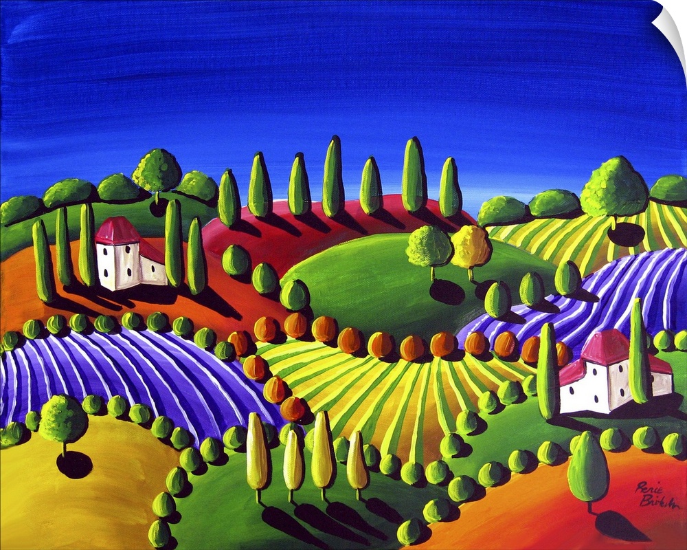 Colorful, whimsical Tuscan scene under a deep blue sky.