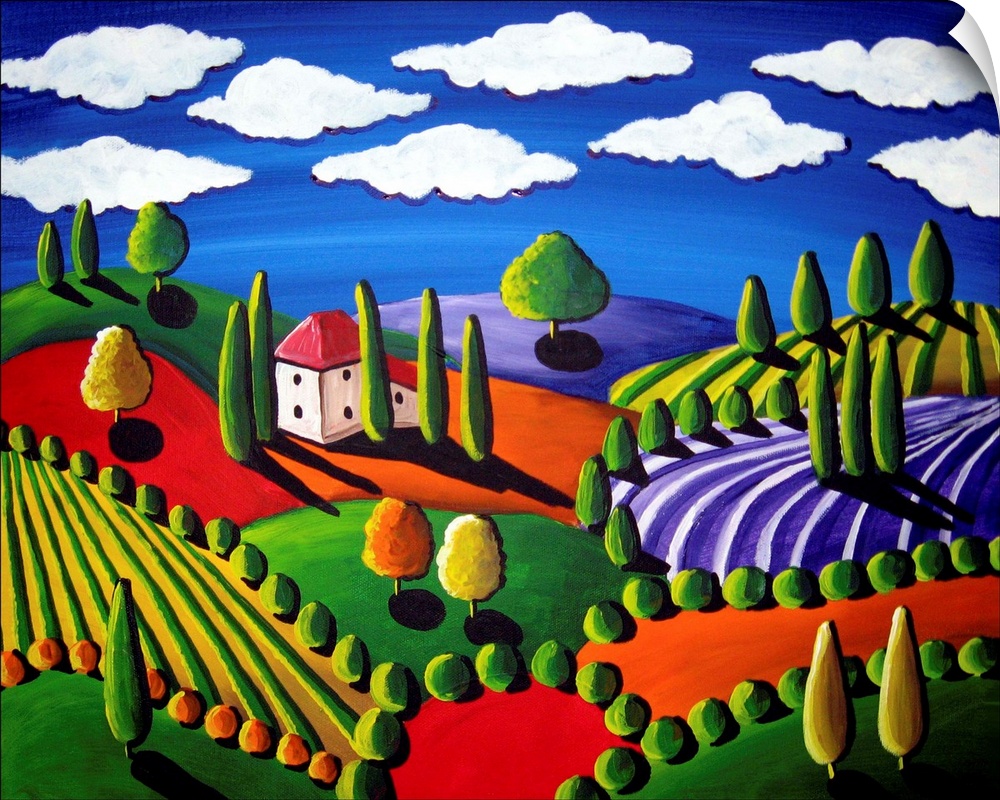 Colorful painting of rolling hills and trees with a single house and white, fluffy clouds above.
