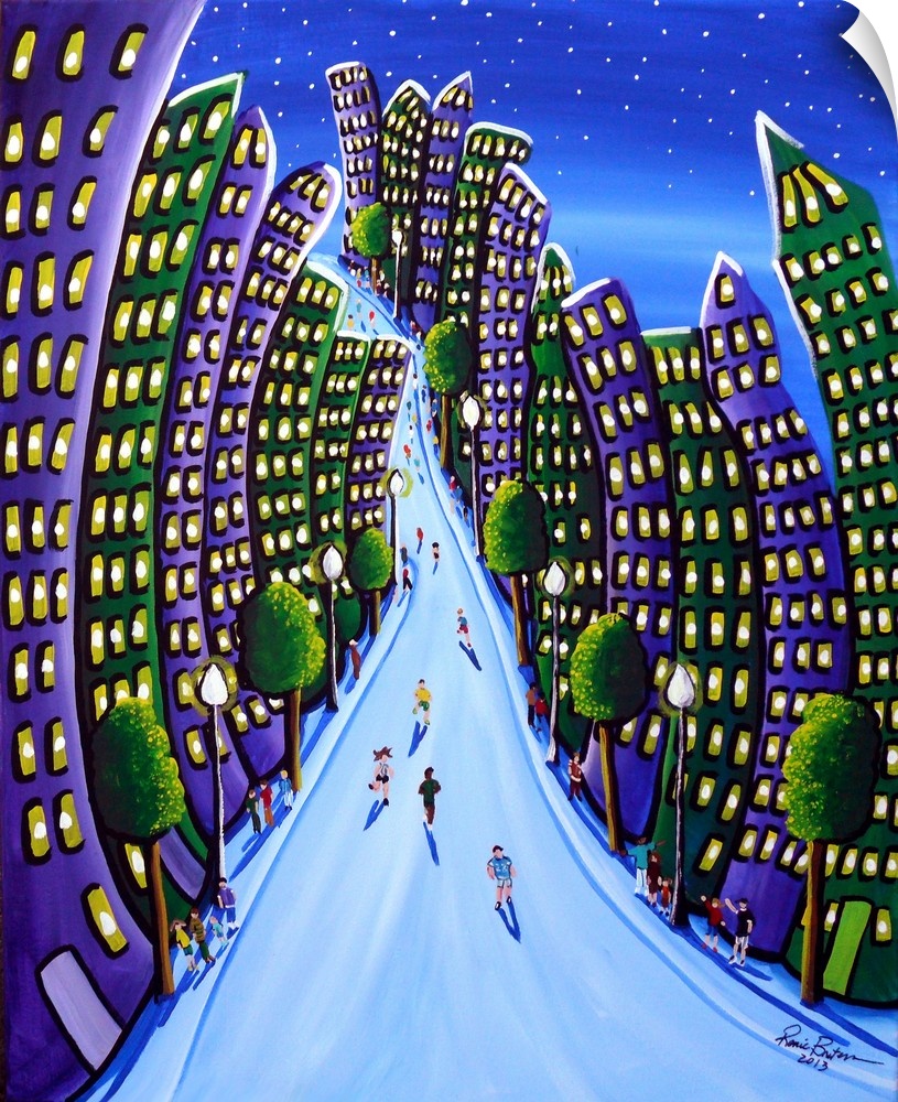 Deep tones of purples and greens in a fun and funky cityscape.