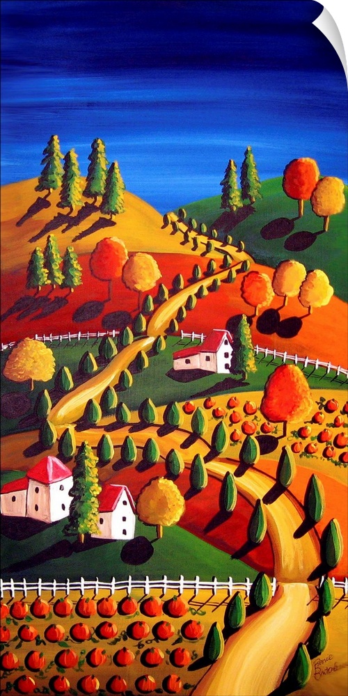 Colorful fall day landscape with pumpkins and trees.