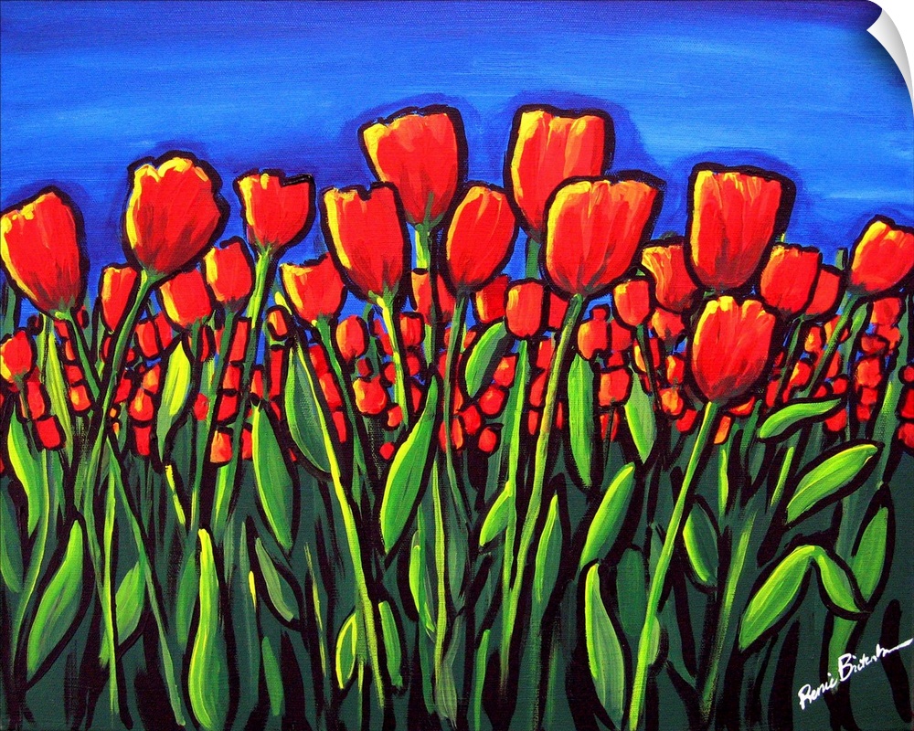 Vibrant red tulips contrasted against a deep blue sky.
