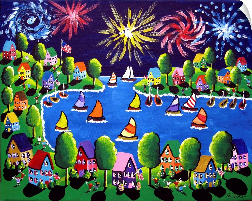 Fun celebration in folk art style with fireworks going off overhead as people watch from the shoreline. Sailboats drift by...