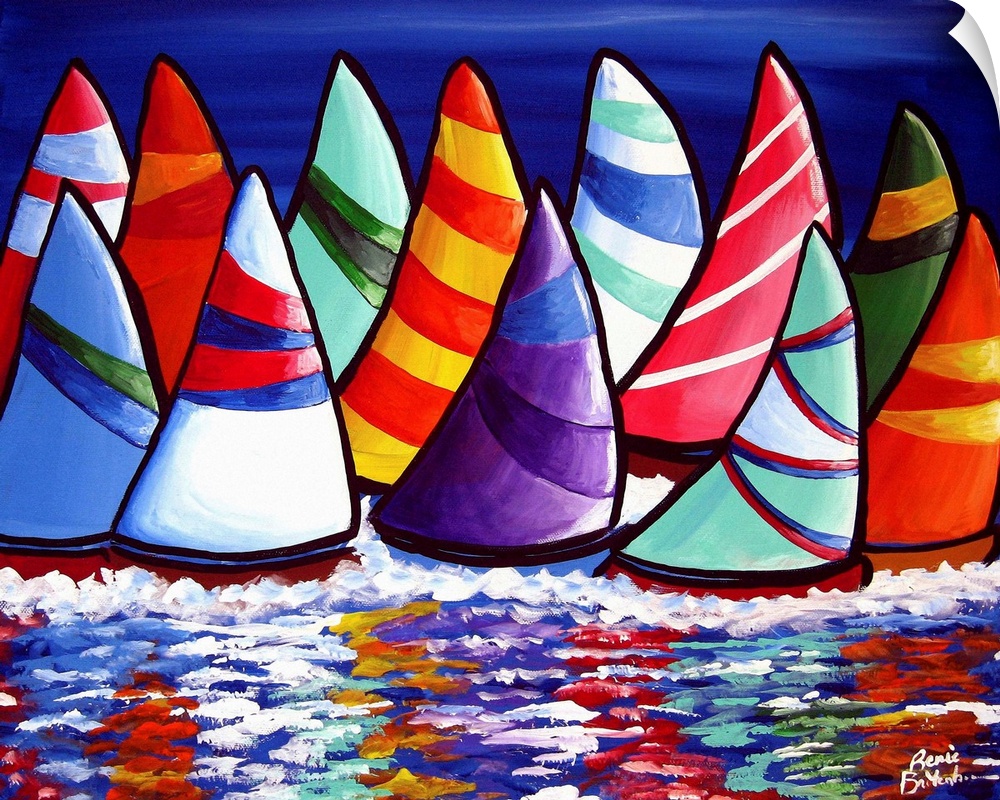 Whimsical grouping of sailboats reflecting in the water.