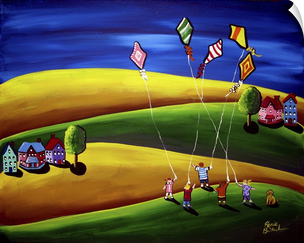 Colorful, whimsical folk art with children flying kites against a deep blue sky.