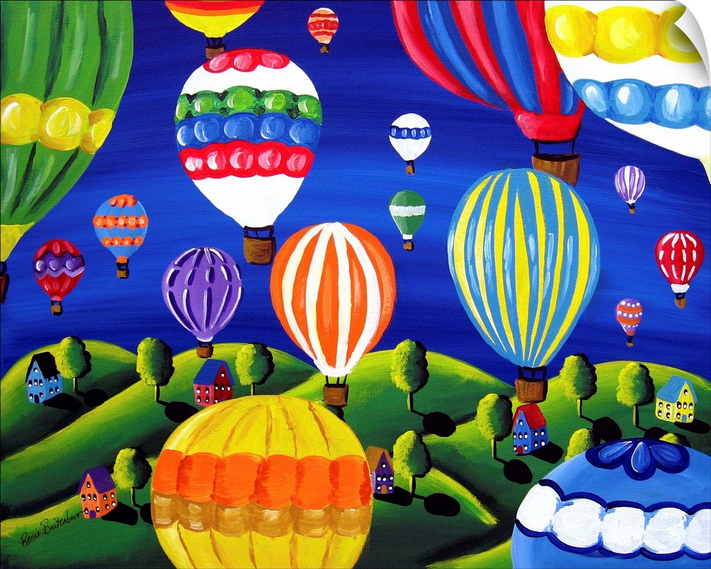 Colorful hot air balloons float above the earth below.