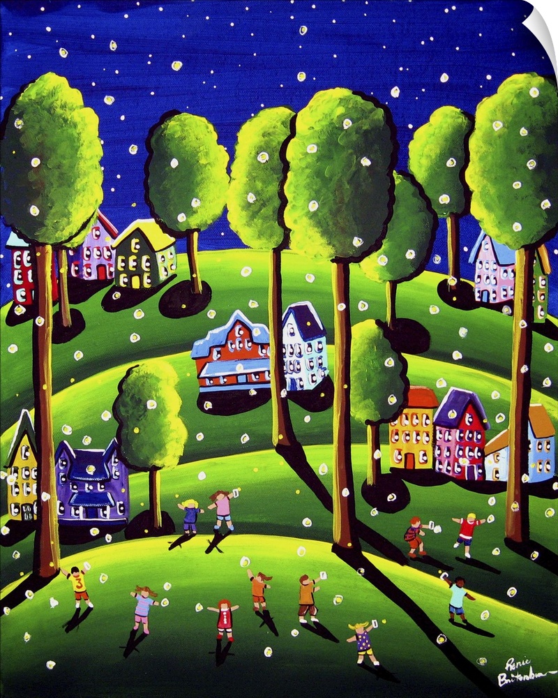 Whimsical scene with children catching fireflies in front of the neighborhood houses.