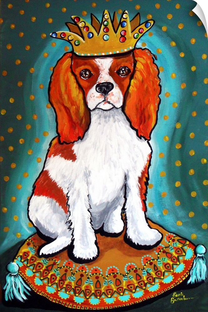 Painting of a King Charles Spaniel wearing a crown.