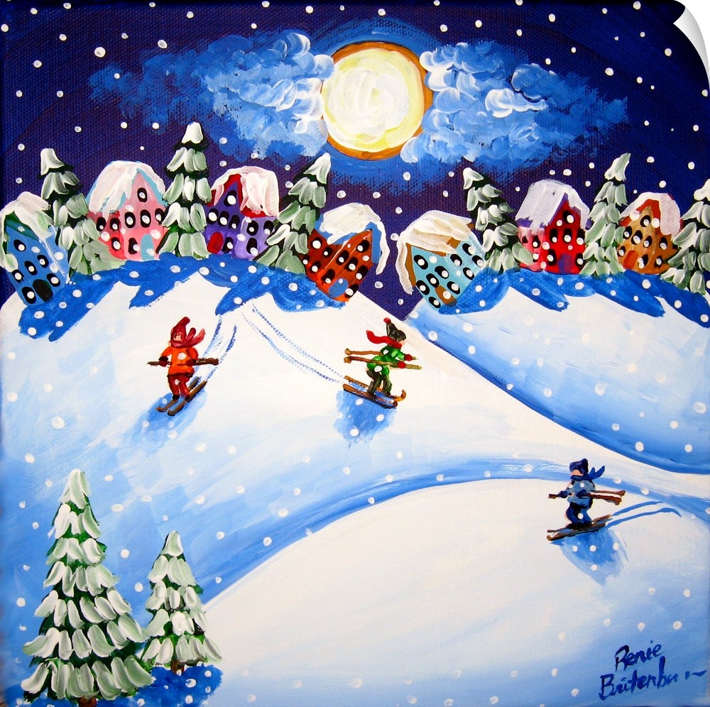 Winter folk art with 3 skiers racing down the hills on the newly fallen snow.