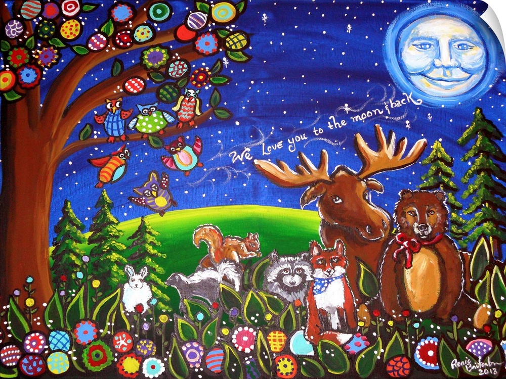 Whimsical forest animals, a moose, fox, squirrel, raccoon, bunny, bear and owls with the saying, We love you to the moon a...