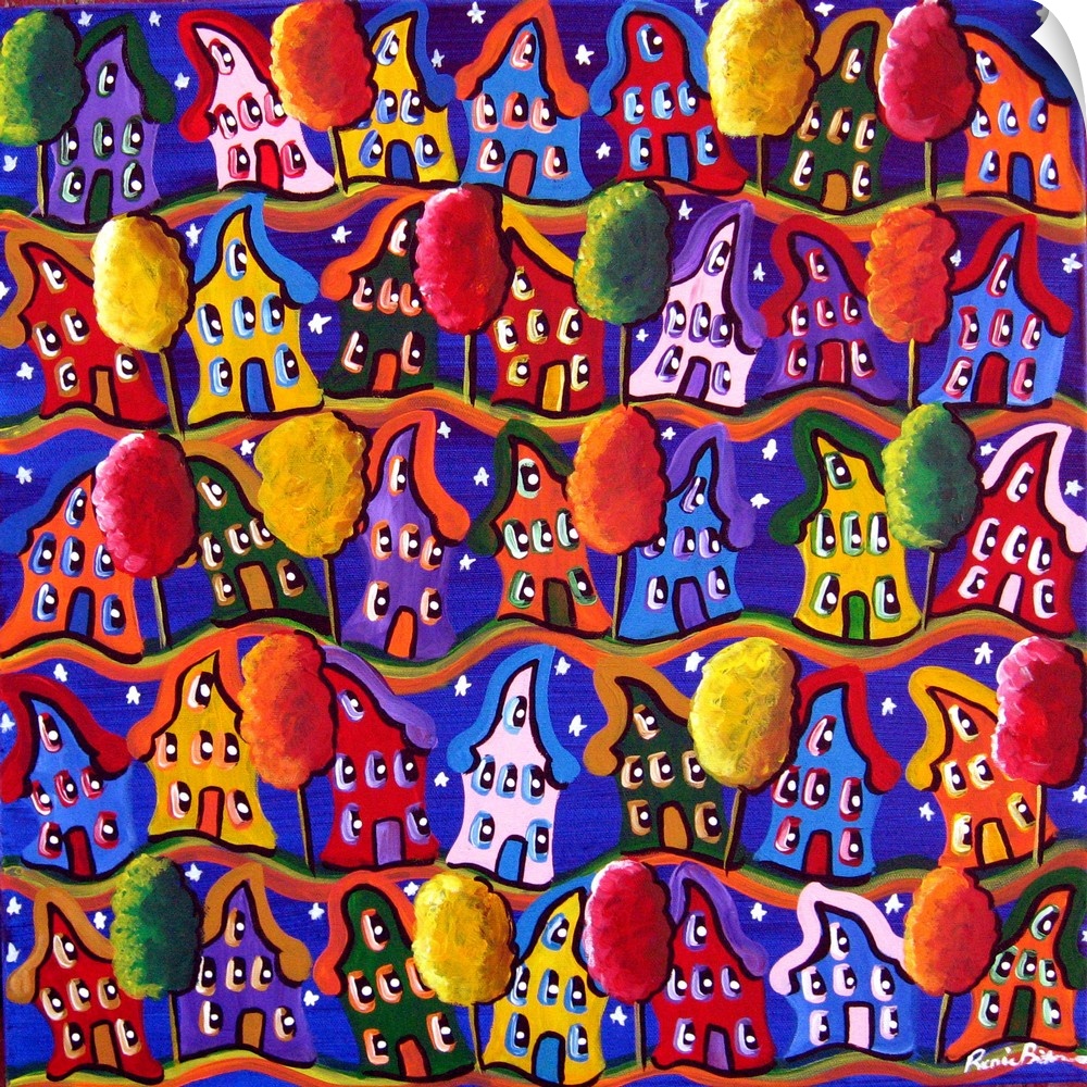 Fun and funky, colorful houses lean to and fro as if in conversations with one another. Lots of whimsy and color!