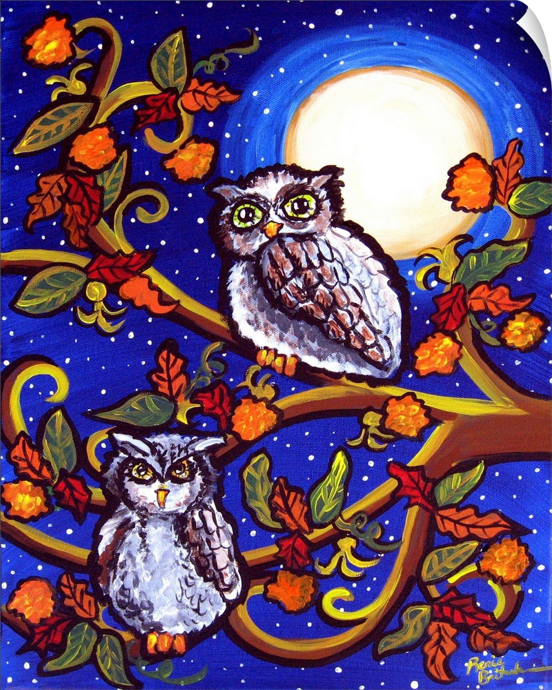 Two owls sit among some fall leaves, in the moonlight.