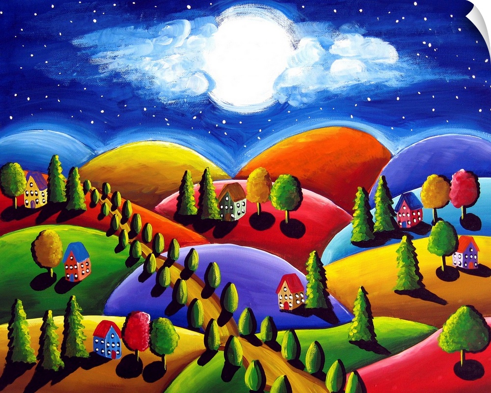 Whimsical depiction of small colorful houses in a tuscan landscape under the moon and clouds that resemble Angel wings
