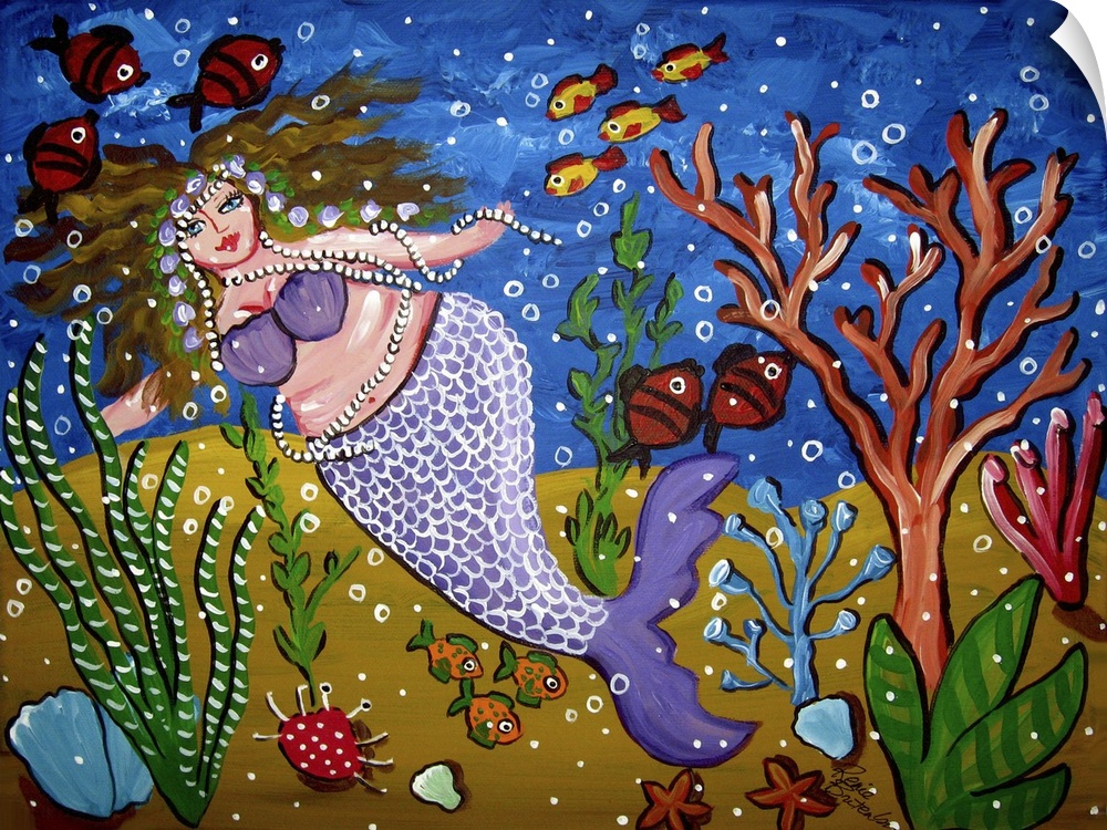 Fun and colorful Mermaid with various sea life.