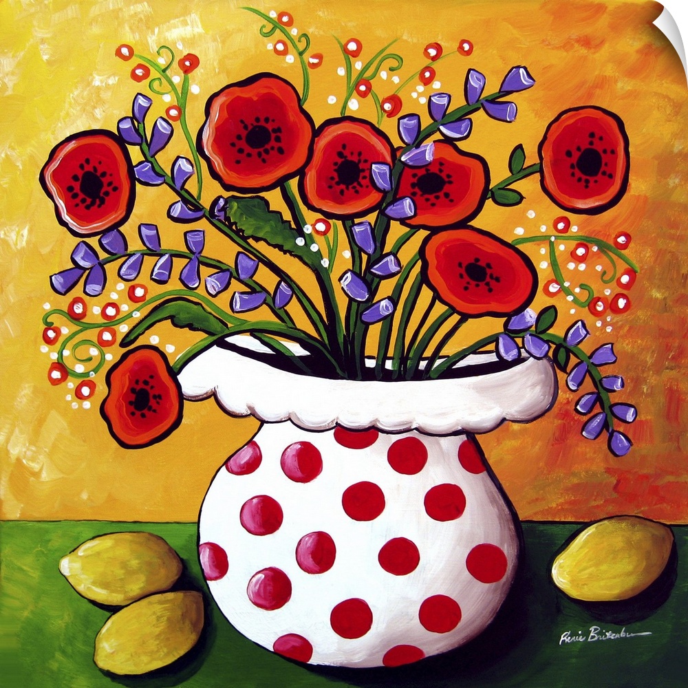 Fun, colorful floral with red Poppies and lemons.