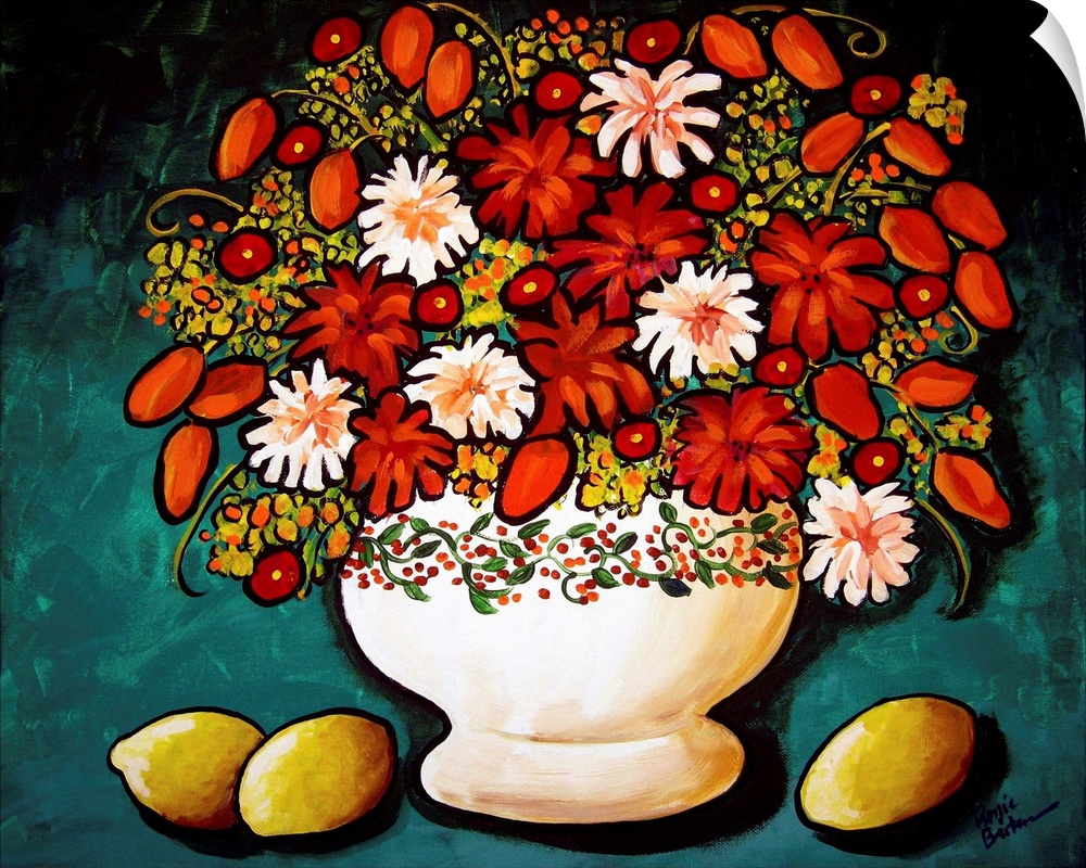 Still life painting with potted Autumn colored flowers on a teal background with lemons on the side.