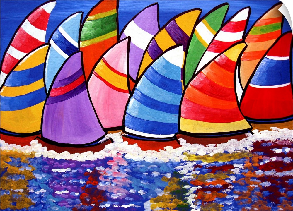 Colorful sailboats enjoying the day, reflect into the water under a blue sky.
