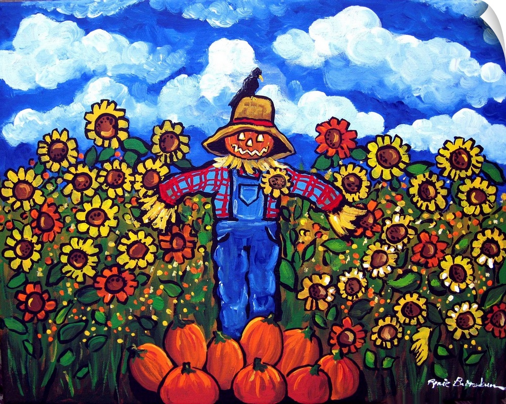 Whimsical fall scene with a Scarecrow who doesn't appear to be doing his job since a crow sits on top of his straw hat.